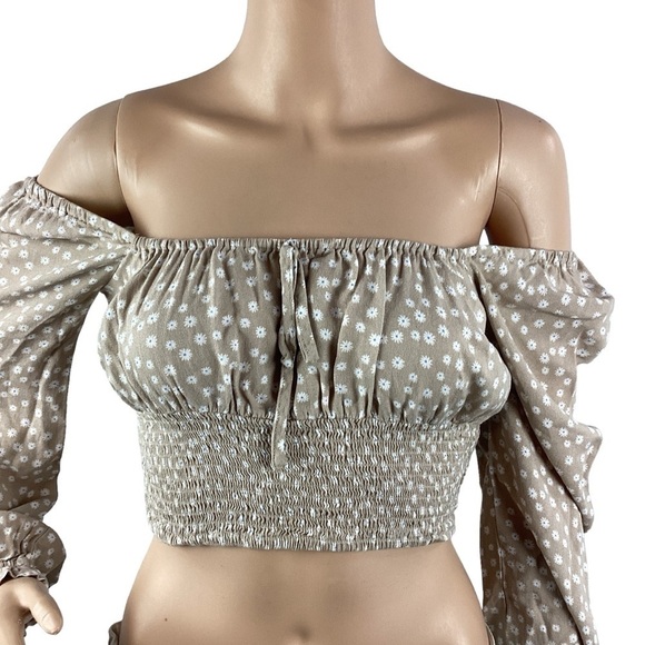 Forever 21 Off Shoulder Crop Top Size S Tan Floral - Picture 2 of 6